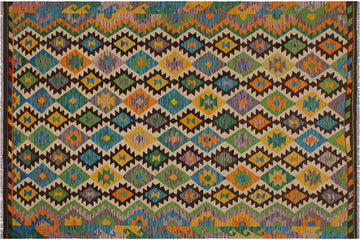 Flat Weave Kilim, Antique, Navaho, Vintage, Handmade, Geometric Kilim Brown Beige Hand-Woven Rectangle 100% Wool Area Rug 6 x 8